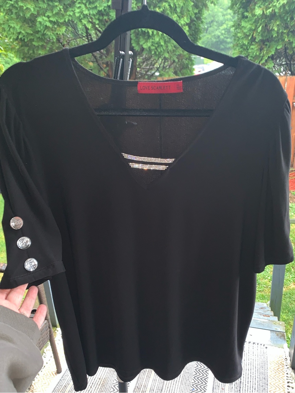 Love Scarlett Black V-Neck Blouse with Silver Button Sleeve Detail